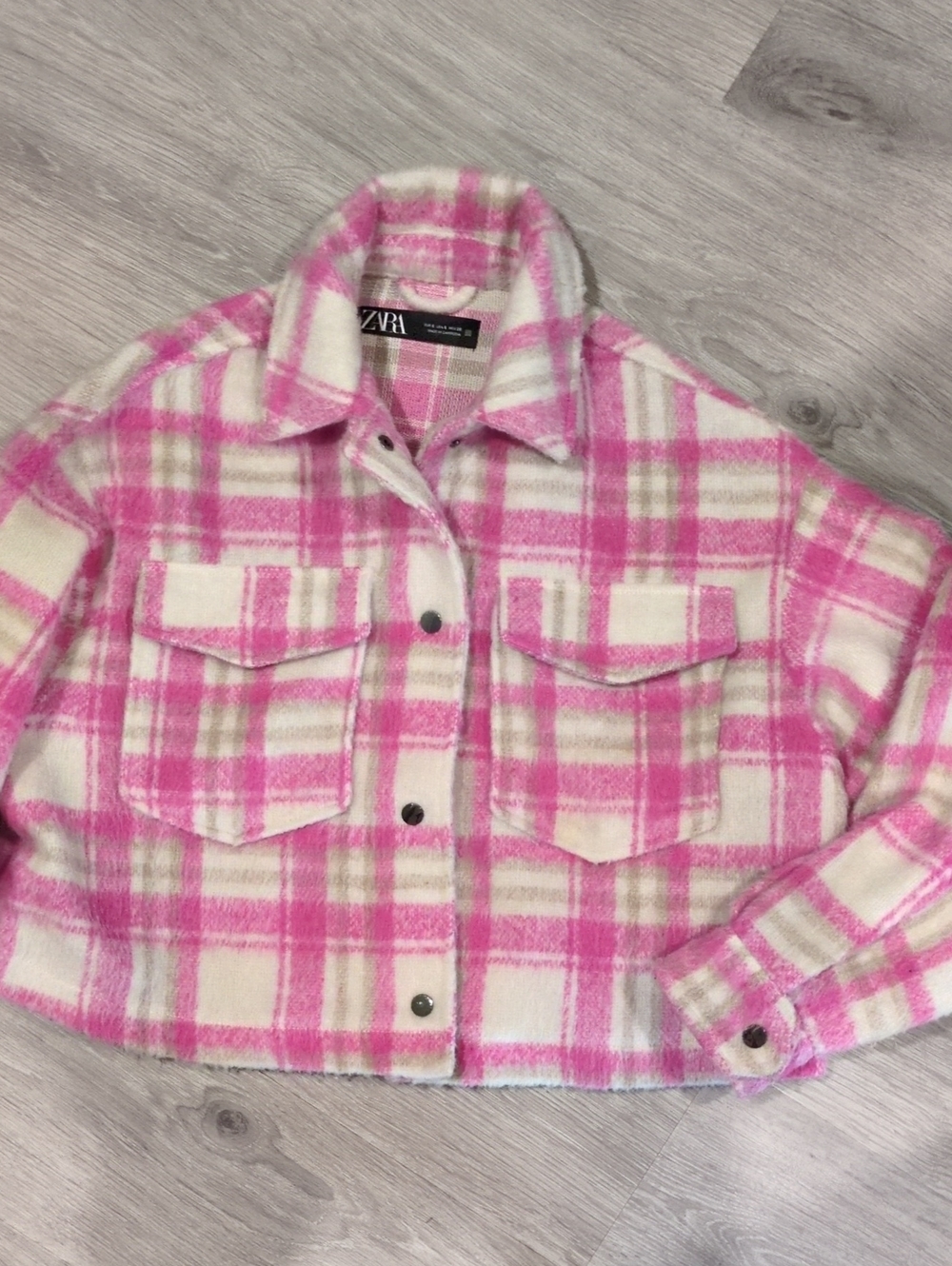 Zara Pink and Cream Plaid Jacket Small Cropped